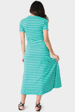 Back of Woman wearing Jade Ivory Stripe Henley Detail Knit Maxi Dress