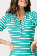 Close-up of Woman wearing Jade Ivory Stripe Henley Detail Knit Maxi Dress