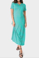 Front of Woman wearing Jade Ivory Stripe Henley Detail Knit Maxi Dress