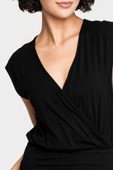 Close up of Women Wearing Work It Surplice Rouched Knit Dress in Black