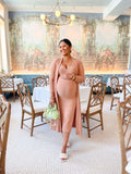 Front of Woman wearing Almond Bisque Ribbed Knit Duster Cardigan with Side Slit