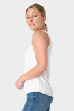 Side of Woman wearing White Marina Time Ribbed Henley Tank