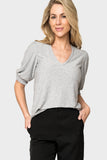 Women Wearing Clip Dot Elbow Puff Sleeve V-Neck in Heather Grey