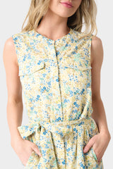 Close-up of Woman wearing Floral Wildflower Blouson Sleeveless Belted Tiered Dress