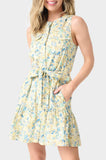 Front of Woman wearing Floral Wildflower Blouson Sleeveless Belted Tiered Dress