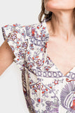 Shoulder Detail of the Isla Smocked Waist Flutter Day Dress in Peruche Scroll Print 