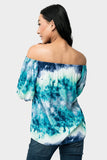 Back of Woman wearing Dusk To Dawn Off Shoulder Top in Watercolor Lake Print