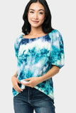 Front of Woman wearing Dusk To Dawn Off Shoulder Top in Watercolor Lake print