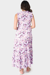 Back of Woman wearing Purple Floral Sleeveless V-Neck Tiered Maxi Dress