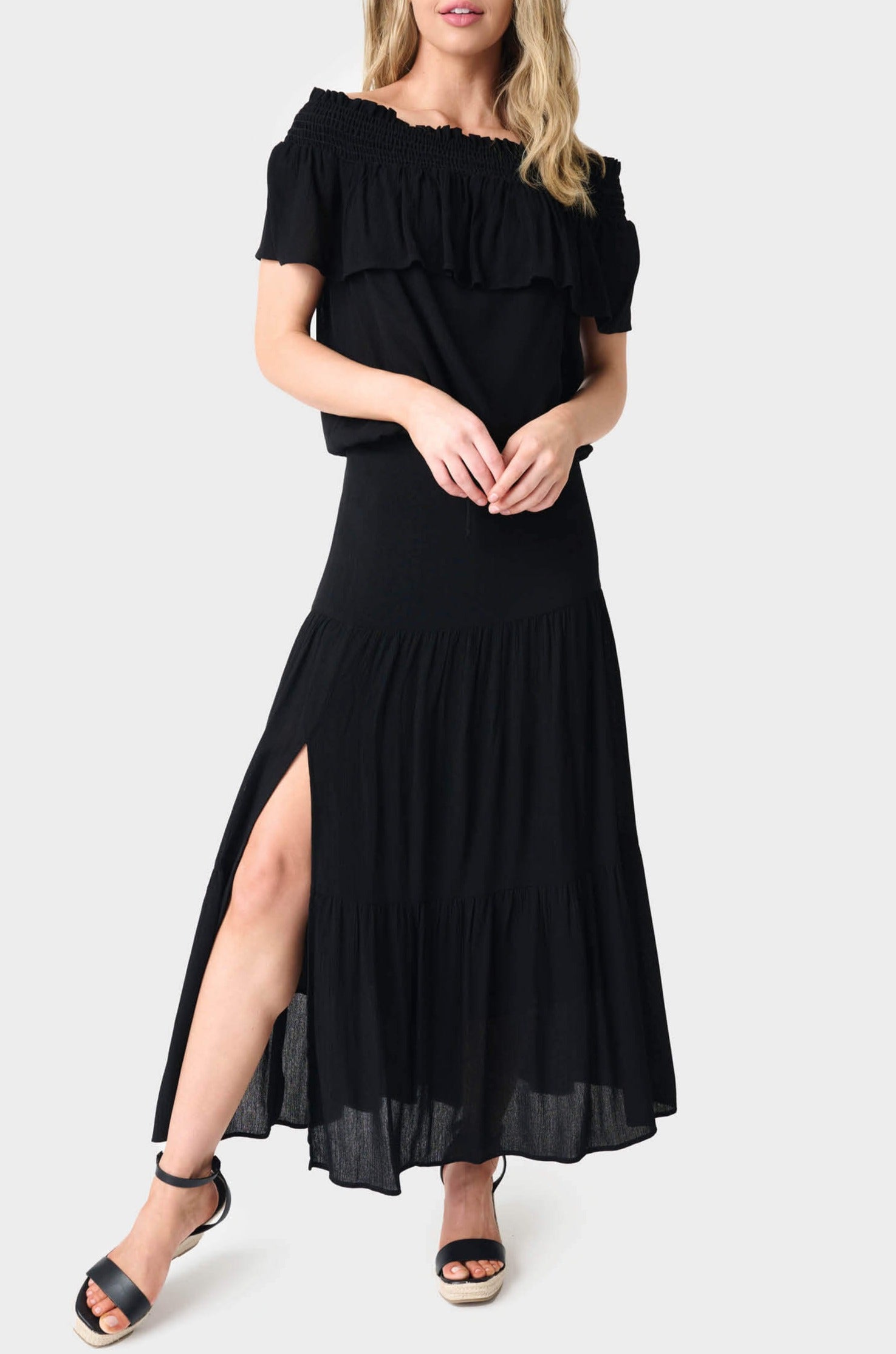 Tiered Maxi Skirt With Offset Front Slit - Black / XXS