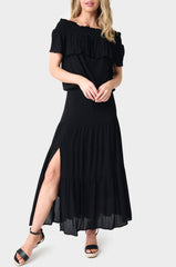Front of Woman wearing Black Off Shoulder Blouse with Drawstring