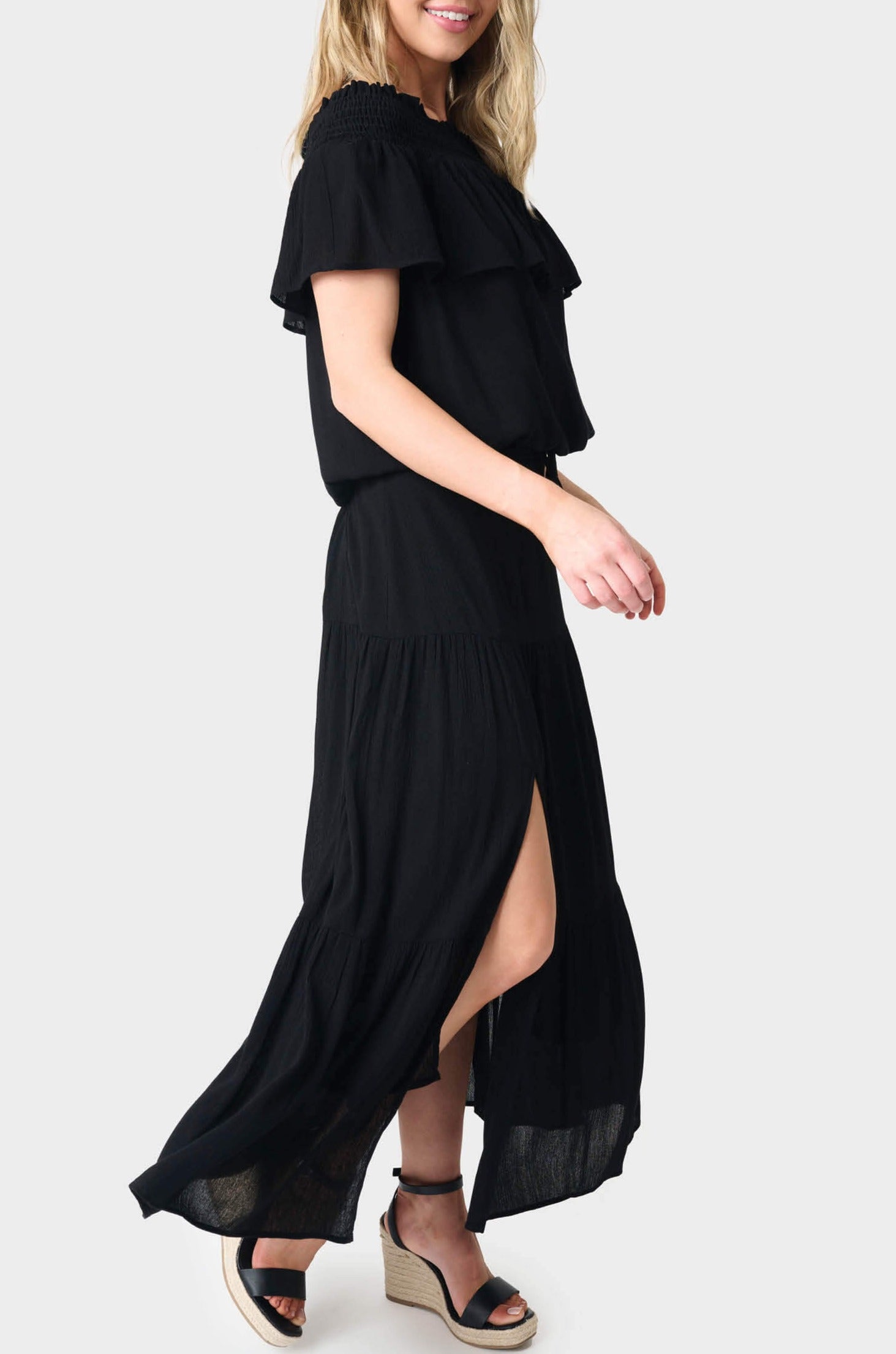 Tiered Maxi Skirt With Offset Front Slit - Black / XXS