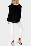 Back of Woman wearing Black Trimmed Collar Button Front Blouse