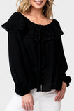 Front of Woman wearing Black Trimmed Collar Button Front Blouse