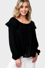 Front of Woman wearing Black Trimmed Collar Button Front Blouse