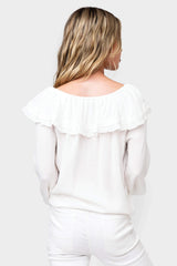 Back of Woman Wearing White Trimmed Collared Button Front Blouse