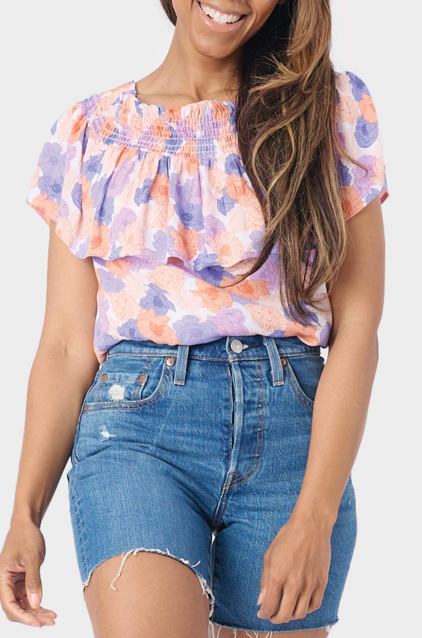 Front of Woman wearing Floral Off Shoulder Blouse with Drawstring