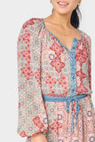 Close-up of Woman wearing Boho Mixed Print Drawstring Ruffle Dress