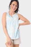Front of Woman wearing Blue Marina Time Ribbed Henley Tank