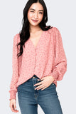 Pin Dot Smocked Detail V-Neck Blouse
