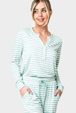 Front of Woman wearing Serene Mornings Henley Top in Mimosa Stripe
