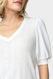 Close up of Women Wearing Mix Media Short Puff Sleeve Sweater in Off White