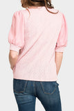 Back of Women Wearing Mix Media Short Puff Sleeve Sweater in Rose Light