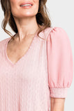 Close up of Mix Media Short Puff Sleeve Sweater in Rose Light