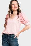 Women Wearing Mix Media Short Puff Sleeve Sweater in Rose Light