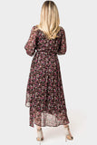 Back of Woman wearing Chiffon Ruffle Hi-Low Maxi Dress in Festive Berry Floral