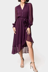 Front of Woman wearing Chiffon Ruffle Hi-Low Maxi Dress in Raisin