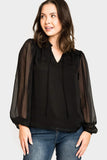 Front of Woman wearing Long Sleeve Smocked Detail Blouse Success in Black