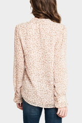 Back of Women Wearing Long Sleeve Crochet Trim Blouse in Pink Ditsy Floral