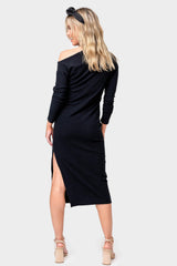 Back of Woman wearing Cutout Long Line Soft Rib Dress in Black