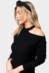 Front of Woman wearing Cutout Long Line Soft Rib Dress in Black