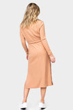 Back of Woman wearing Almond Bisque Ribbed Knit Duster Cardigan with Side Slit