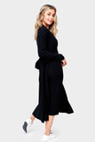 Side of Woman wearing Black Ribbed Knit Duster Cardigan with Side Slit
