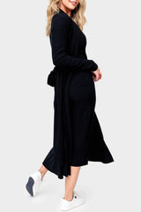 Side of Woman wearing Black Ribbed Knit Duster Cardigan with Side Slit