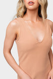 Close-up of Woman wearing Almond Bisque Double V Ribbed Knit Midi Dress with Side Slit