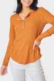 Picture of a Woman wearing a Thermal Long Sleeve Henley Tee, Rust