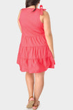 Back of Woman wearing Coral Poppy V-Neck Tiered Dress with Shoulder Ties