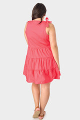 Back of Woman wearing Coral Poppy V-Neck Tiered Dress with Shoulder Ties